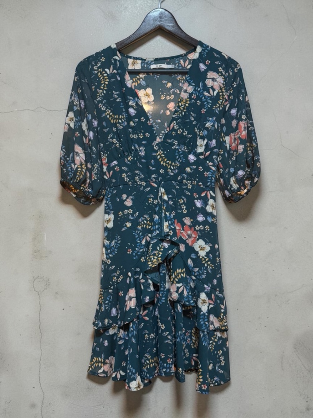 miami Teal Floral Wrap-Style Mini Dress with Ruffle Hem
